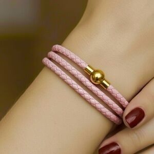 Linx Pink Triple Wrap Braided Leather Bolo Cord Bracelet Gold Magnetic Clasp